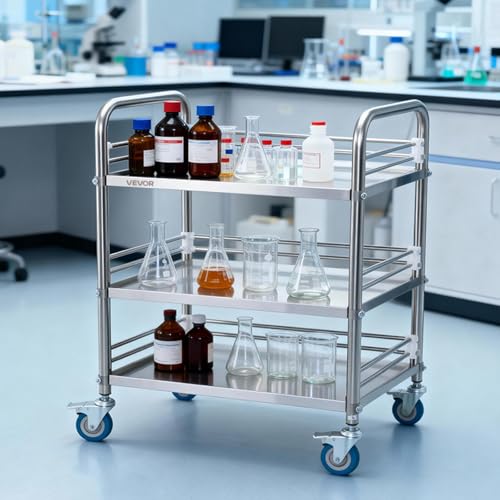 VEVOR Chariot de Service Utilitaire 3 Niveaux, Desserte en INOX avec Roues Verrouillables, pour Soins Médicaux Hôpital Clinique Restaurant Cuisine et Salon de Coiffure, Chariot de Laboratoire Mobile – vue 8