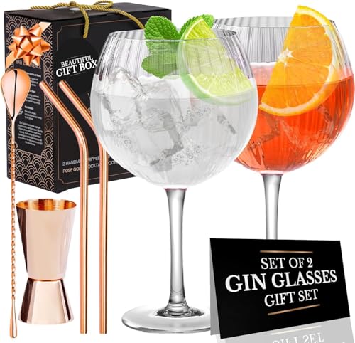 Vemacity Ribbed Gin Glasses Set of 2 (550ml) | Crystal Balloon Gin & Tonic Glasses with Rose Gold Jigger Spoon & 2 Metal Straws | Luxury Cocktail & Aperol Spritz Glass Gift Set | Ideal for Gifting