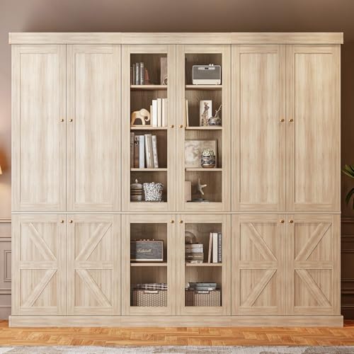 Image of ivaniti 70.8 inch Tall Farmhouse Bookshelf, Modular Bookcase with Glass Doors, 6-Tier Adjustable Shelves, Large Storage Cabinet for Study or Home Office, Brown, Set of 3