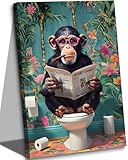 Funny Monkey Bathroom Canvas Wall Art Monkey Sitting On The Toilet Reading Newspaper Poster Print Humorous Animals Picture Tropical Rainforest Painting Artwork Wall Decor for Bathtoom 12x16in Framed