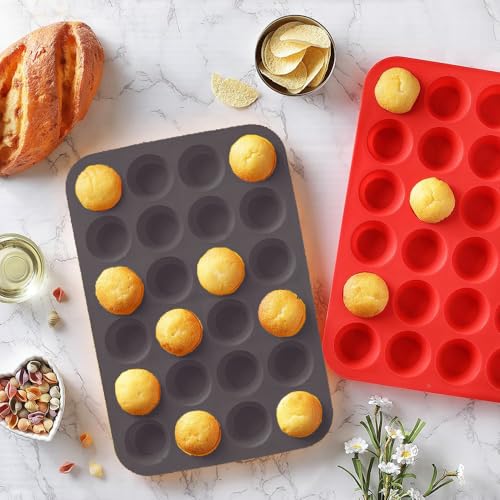 2 Pack Mini Muffin Pan, 24 Cups Silicone Cookies Cupcake Bakeware Tin Round Cupcake Tray Baking Mould Non Stick Heat-Resistant (Red + Grey) - Image 5