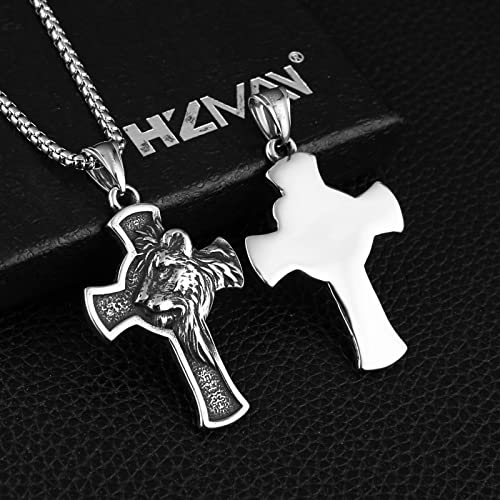 HZMAN Stainless Steel Lion Head Cross Necklace for Men Gothic Pendant with 22+2in Chain3