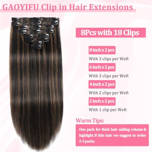Image of Clip in Hair Extensions Real Human Hair Seamless Balayag Clip ins for Women | Seamless Invisible human hair clip in extensions Straight 8Pcs Double Weft Natural Black Highlight Chestnut Brown 16inch 90g