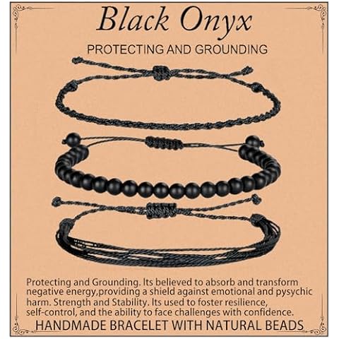 Handmade Healing Bracelets, 6mm Matte Black Onyx Bracelet Black Beaded Bracelets for Men Women with 2PCS Size Adjustable Rope Bracelets Cover