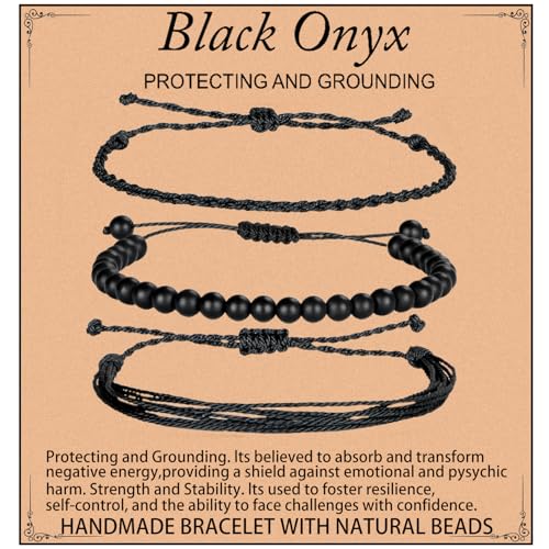 QOGIR Handmade Healing Bracelets, 6mm Matte Black Onyx Bracelet Black Beaded Bracelets for Men Women with 2PCS Size Adjustable Rope Bracelets