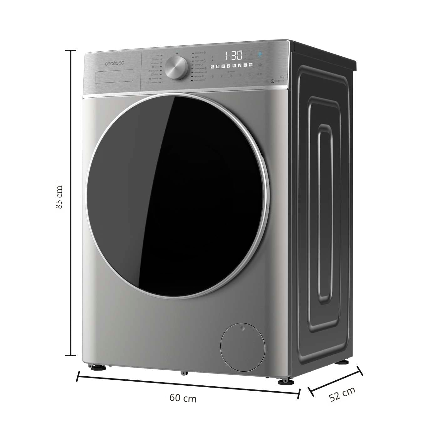 Cecotec Lave-linge Séchant 8-5Kg Bolero Wash&Dry 8590 Inverter Steel 1400RPM, 16 Programmes, Inverter Plus, Lavage à la Vapeur, Lavage et Séchage Intelligents, Stérilisation, Joint Antibactérien