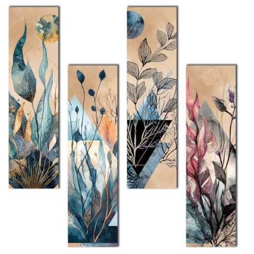 Image of GENXTRA Contemporary Floral Wall Decor Panels | Abstract Botanical Wall Hanging Set for Living Room, Bedroom, Dining Room & Hallway