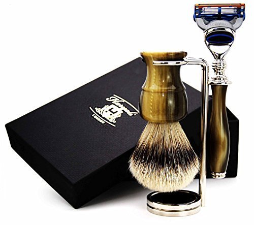 Haryali Horn Replica zestaw do golenia dla mężczyzn z 5 krawędzi Razor, pędzel do golenia z włosia borsuka ze srebrną końcówką i stojakiem do golenia
