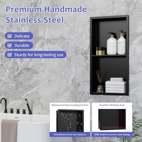 Shower Niche No Tile Needed, 12" X 24"(Inner Size 11"X22.6") Bathroom Niche for Shower Wall, Black Stainless Steel Shower Niche Insert for Bathroom, Recessed 2-Tier Wall Niche Shelf - Image 4