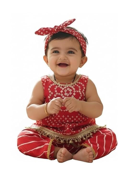 Image of The Root And Craft Kids Birthday Photoshoot Outfit Dress Girls Bandhani printed Top With Dhoti pant & Hairband Born Baby Photography Photoshoot Props(0to 18 Month)