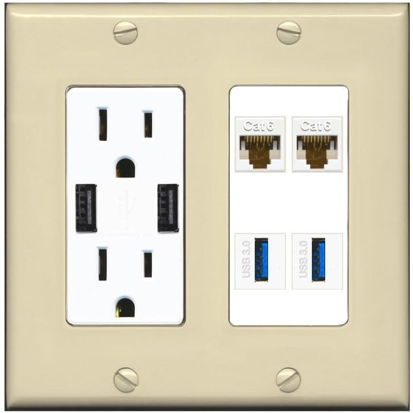 RiteAV 2 Port Cat6 2 USB3 Wall Plate - USB Outlet [Screwless White]