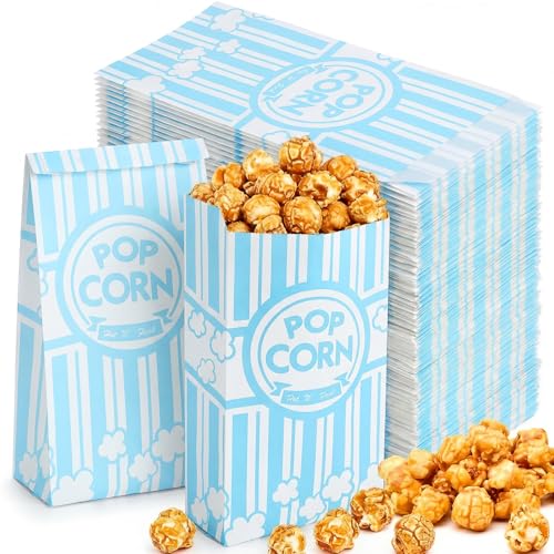 Image of Potchen 300 Pcs Popcorn Bags 2 oz Bulk Blue and White Stripes Popcorn Holders Greaseproof, Tear Resistant Disposable Treat Bags for Circus Carnival Movie Night Birthday Party Business Supplies