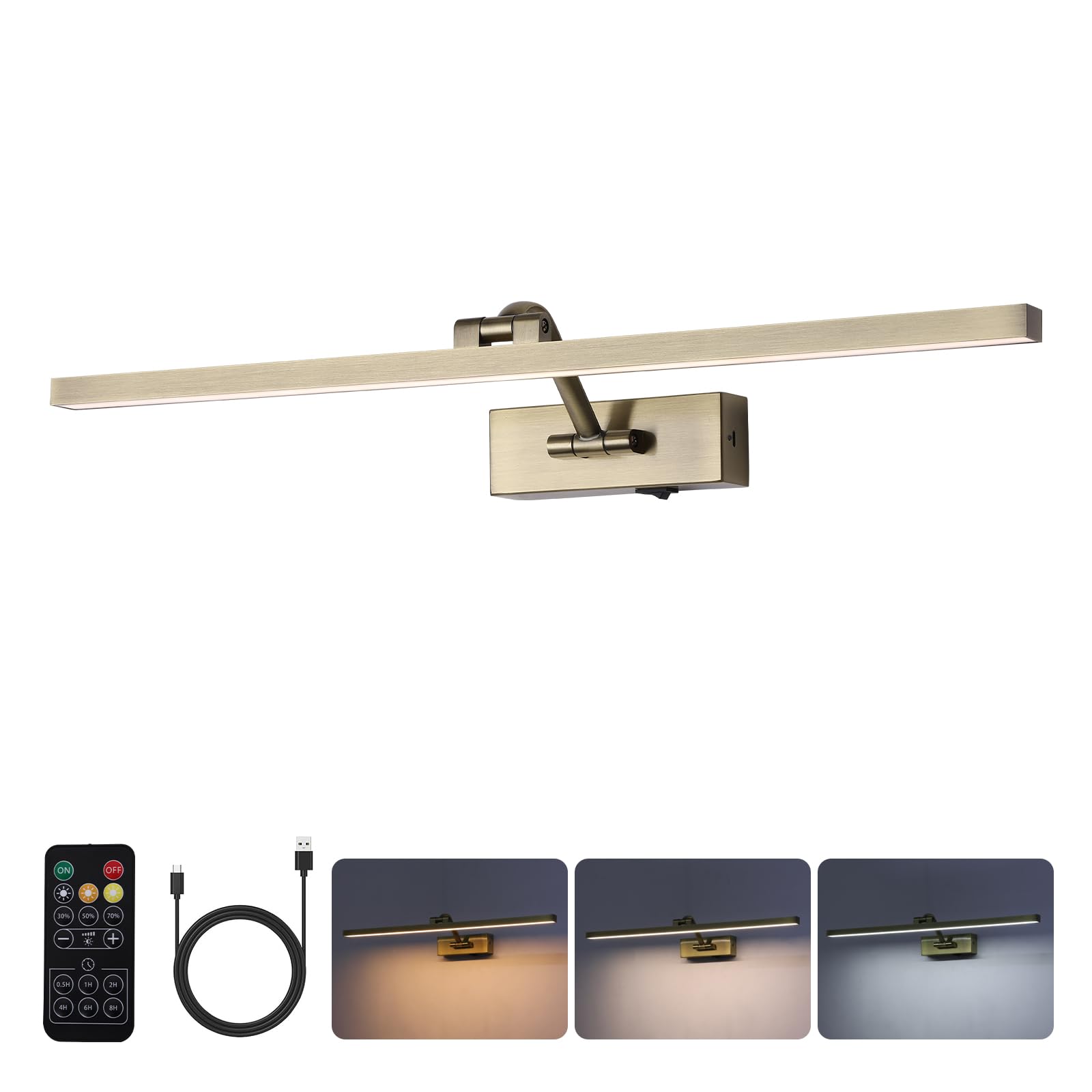 10000mAh Picture Light Battery Operated,23.6In Antique Bronze Wireless Rechargeable Picture Light 3 Colors Dimmable Art Light with Remote Timer for Paintings,Gallery