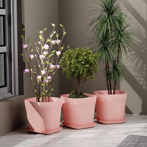 Image of StyleX Store Pack of 3 Square Plastic Flower Pot with Tray | Modern Indoor Outdoor Planter for Home Balcony Garden Office | Durable Lightweight Planter Pot | 6 Inch, Pink