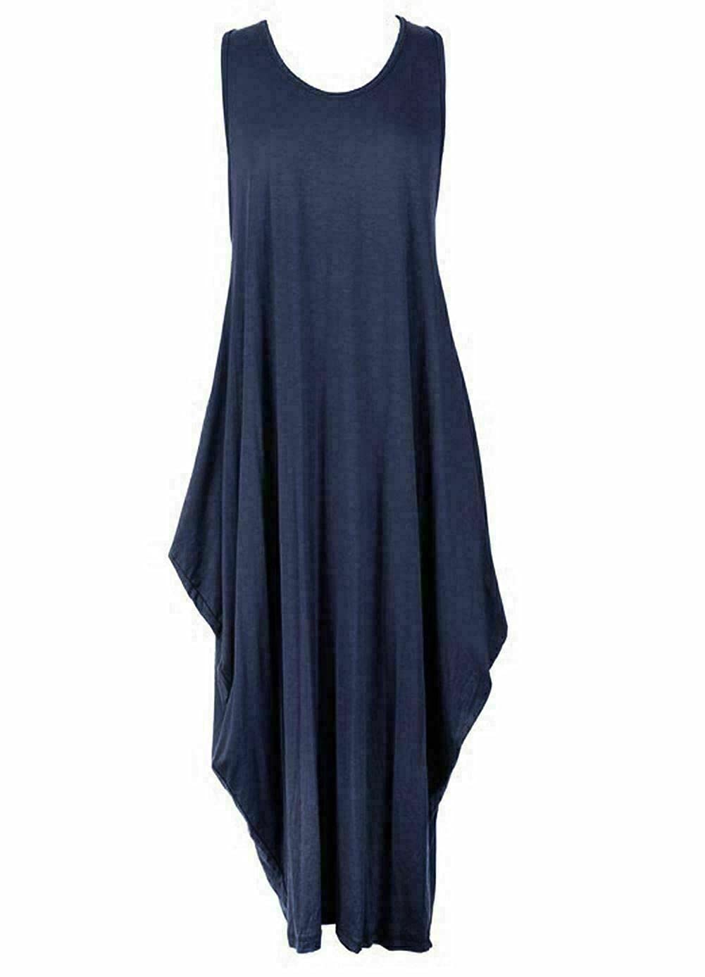 Wear The Fashion Women's Navy Lagenlook Italian Sleeveless Long Tunic Dress Casual Wear Stretchy Long Tulip Parachute Dress Top