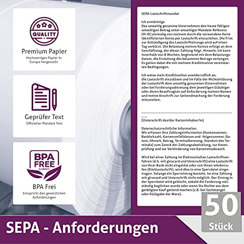 Ec-Cash Thermorollen 57mm x 9m x 12mm - Kassenrollen - Thermopapier - Bonrollen für Bankomat - Kredit-Kartenlesegeräte (57x30x12) - mit SEPA-Lastschrifttext (50 Rollen)