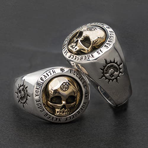 Men's Skull Ring 925 Sterling Silver Golden Skull Head Ring with Sun Totem Two Tone Punk Gothic Cocktail Party Ring Jewelry for Men Women Open Adjustable3