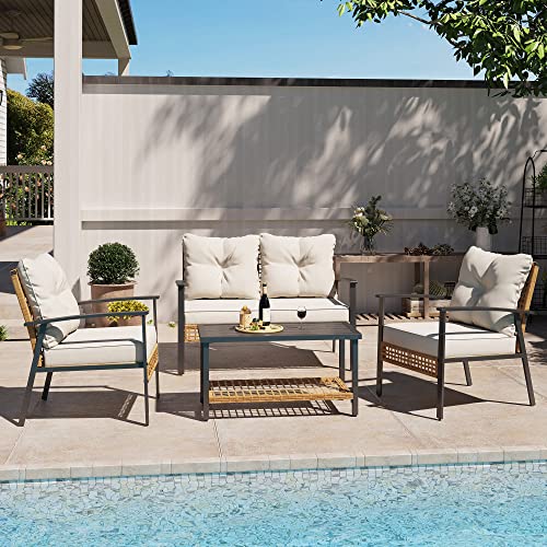 LAUSAINT-HOME-4-Piece-Patio-Conversation-Set-Comfortable-Oversized-Outdoor-Furniture-Set-with-Soft-Cushion-and-Storage-Metal-Coffee-Table-for-Backyard-Porch-Garden-and-Poolside-Beige