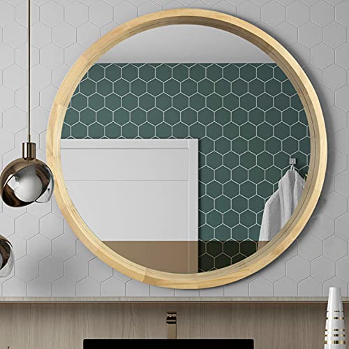 Beauty4U Circle Mirror with Wood Frame, Round Modern Decoration Large Mirror for Bathroom Living Room Bedroom Entryway, Natural Wood, 30"