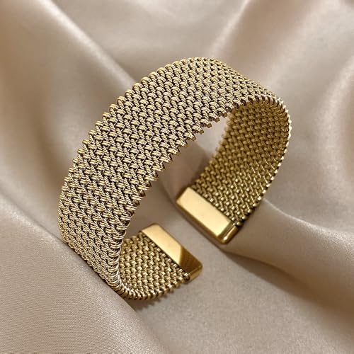 hotoo Gold Open Cuff Bangles Wide Woven Bracelets For Women Stainless Steel Stackable Jewelry For Xmas Birthday Gifts2