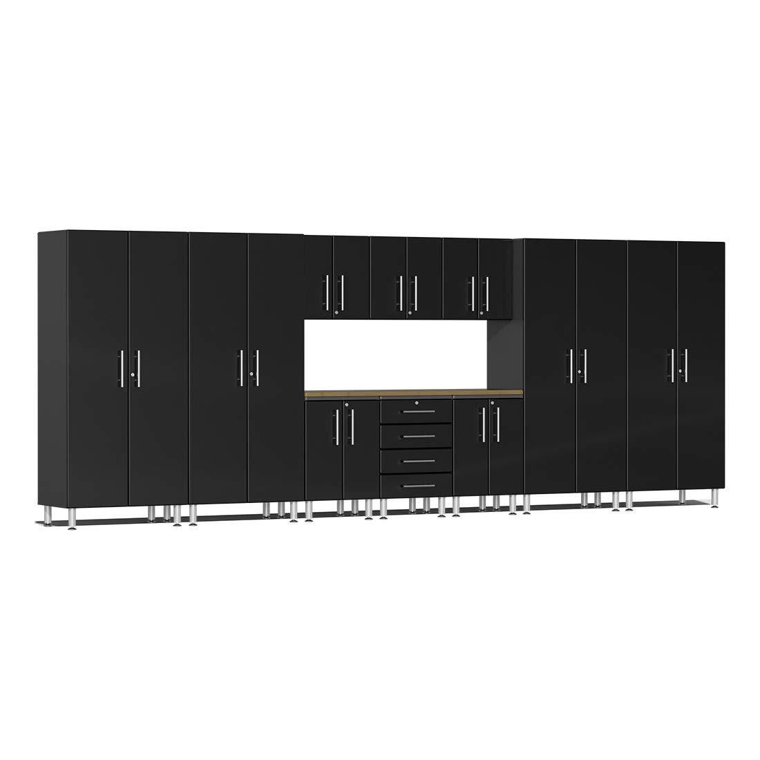Ulti-MATE UG22112B 11-Piece Garage Cabinet Kit with Bamboo Worktop in Midnight Black Metallic