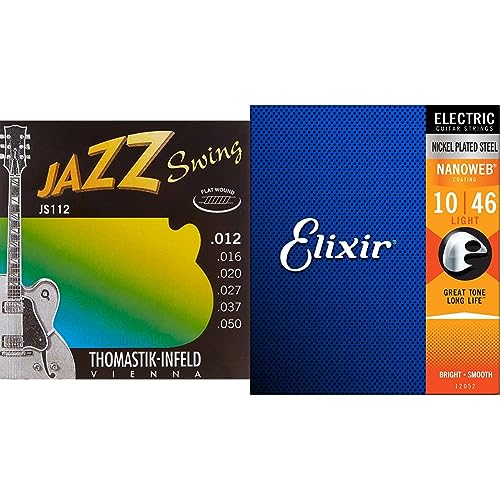 Thomastik Cordes Guitare électriques Jazz Swing Series Nickel Flat Wound Jeu JS112 Medium Light .012-.050w & Cordes Elixir® pour guitare électrique avec revêtement NANOWEB®, Light (.010-.046) - Les Beatles, Paul McCartney, John Lennon, RIngo Starr, George Harrison Thomastik Cordes Guitare électriques Jazz Swing Series Nickel Flat Wound Jeu JS112 Medium Light .012-.050w & Cordes Elixir® pour guitare électrique avec revêtement NANOWEB®, Light (.010-.046)