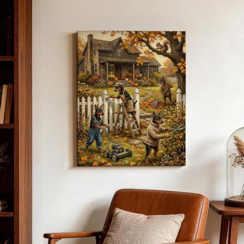 Cuadro de perros en lienzo otoñal naranja decorativo para pared de dormitorio 3