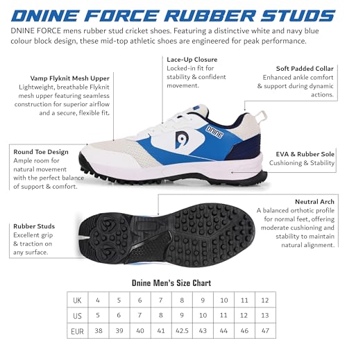 Image of DNINE Force Men,Rubber Stud Cricket Shoes - White /Navy Blue
