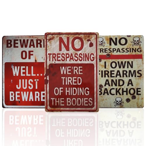 CHAROUP 3 PCS Retro Halloween Decor Indoor&Outdoor Warning Signs No Trespassing We're Tired of Hiding The Bodies 7.9x11.8 inch Funny Metal Signs for Yard Gothic Room Wall Decorations