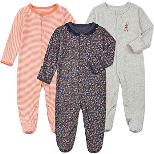 Baby Footed Pajamas with Mittens - 3 Pcs Snap Cotton Baby Girls' One-Piece Footies Onesie Pjs Sleep Play Outfit(Stripe&Grey&Navy, 9-12 Months)