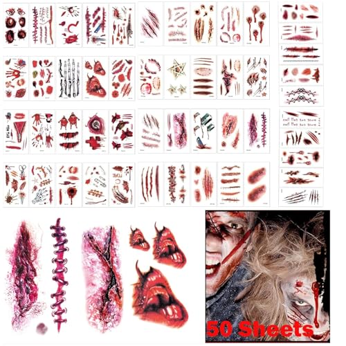 DINGFENG Halloween Tattoo, Gesicht 280 Stück, 50 Blätter Kunstblut Narbe Gesicht temporäres Tattoo, Gruseliges Make-up für Erwachsene, wasserfest Halloween-Zubehör Zombie Horror Cosplay