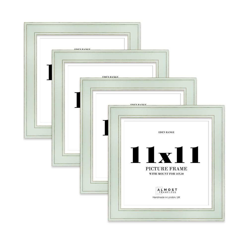 11x11" Sage Green Square Picture Frame with 10x10" Mount - Shabby Chic Photo Frame with Distressed Finish, Gold Trim, Wall Hooks and Kickstand, 37mm Edge - 4 Pack