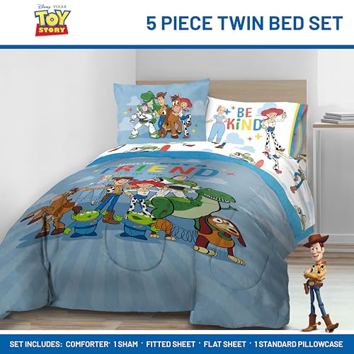 Image of Jay Franco Disney Pixar Toy Story 5 Piece Twin Bed in a Bag Kids Comforter Set with Sheets & Sham, Super Soft Microfiber, Machine Washable, Woody & Buzz Lightyear, Blue (Officially Licensed)