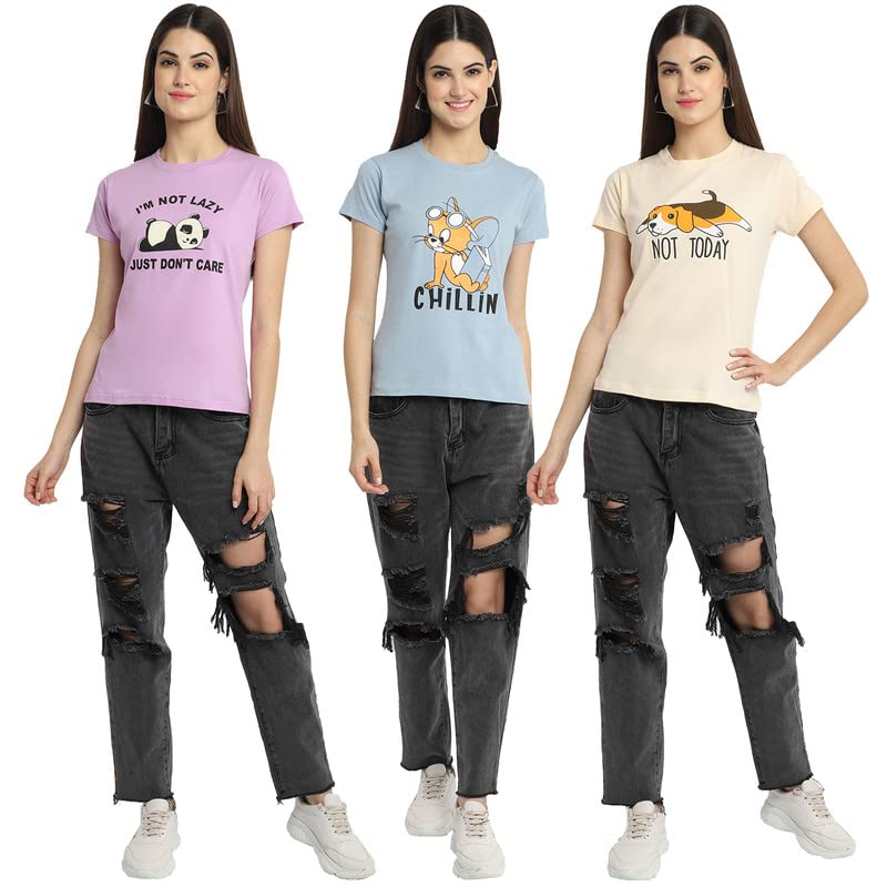 Image of Preneum Women's Cotton Regular Fit Graphic Stylish Printed Short Sleeves Casual T-Shirt || Trendy (Pack 3), Purple & Grey & Cream, S