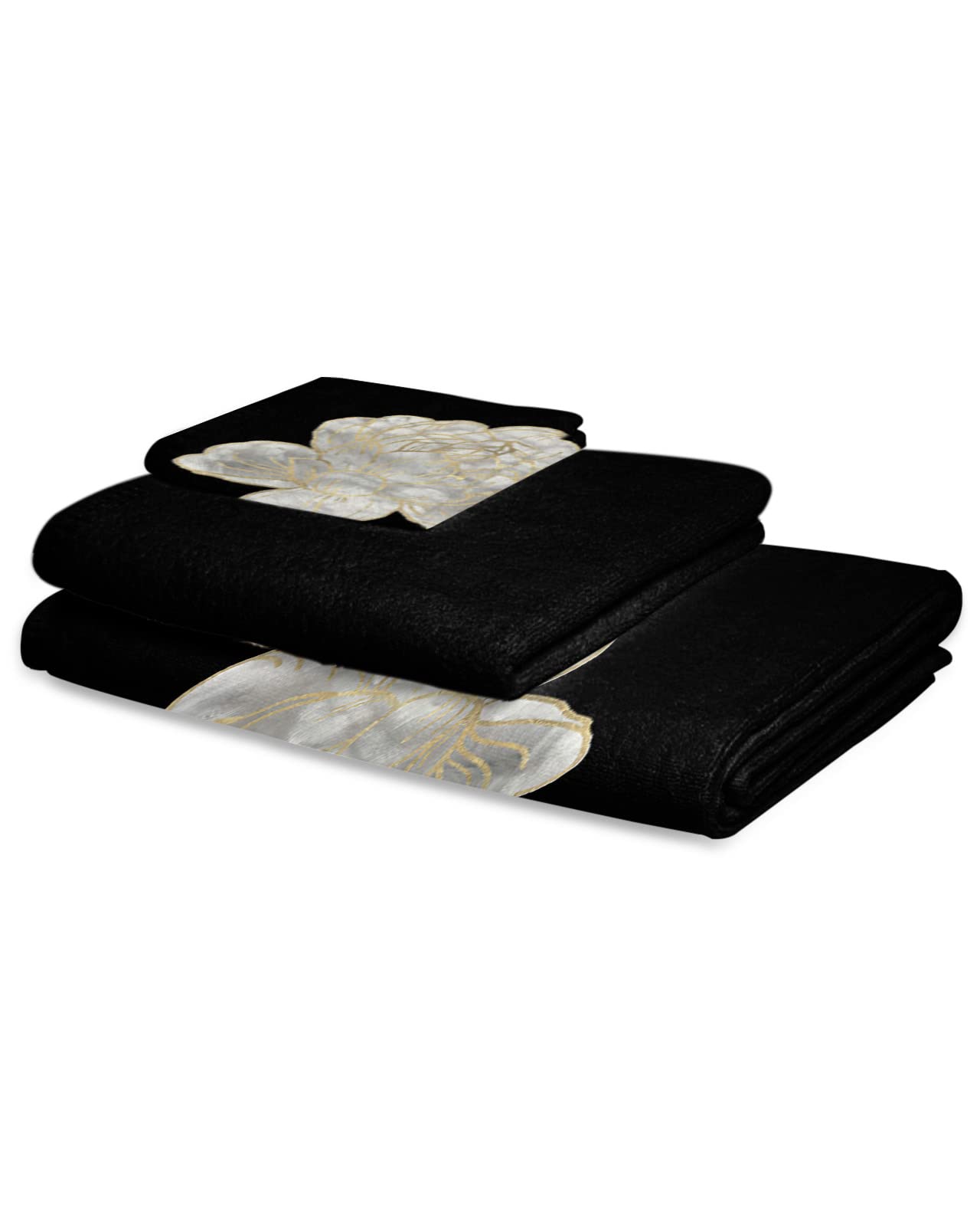 Abstract White Floral Towel Sets for Bathroom,Microfiber Bath Kitchen Beach Hair Hand Yoga Dish Towels and Washcloths,Spring Botanical Flower Gold Line Black Quick Dry Towels+Set Accessories Decor