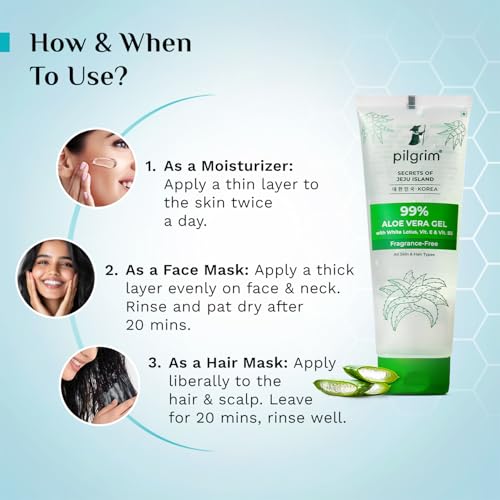 PILGRIM Korean 99% Pure Aloe Vera Gel 200ml with Vitamin E & Vitamin B5 for Face & Hair | Hydrates & Soothes Skin | Conditions & Softens Hair | Free from Parabens, Sulphates, Mineral Oils & Fragrance I For Women and Men - Image 6