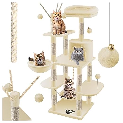 Kat Krabt: Ontdek 5 Krachtige Manieren om dit te Beheersen! 3 Kesser Krabpaal, extra groot, stabiel, kattenboom, klimboom, met hangmat, sisalstammen, holletjes, speelballen, speeltouw, hoogte 149 cm, met vele rust- en speelmogelijkheden, beige