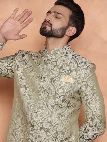 Image of KISAH Men's Ethnic Wear Silk Blend Woven Design Regular Fit Olive Indo-Western Sherwani Set Indo-Western