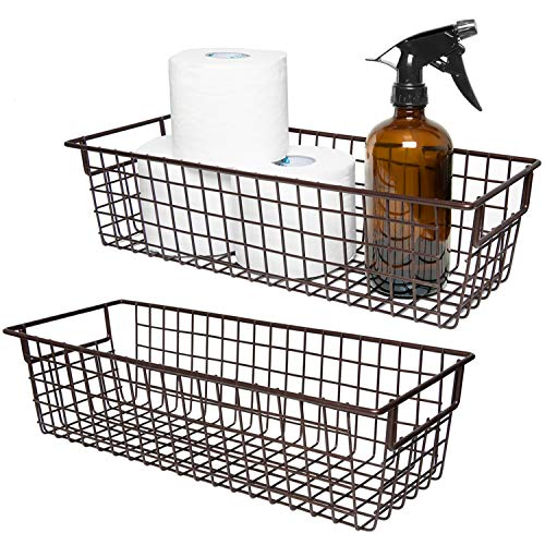 Pomeat 2 Pack Farmhouse Decor Wire Baskets, Metal Wire Storage Organizer, Toilet Paper Basket, Bin Basket with Handles for Bathroom, Kitchen Cabinets, Pantry, Laundry, Closet, Garage, Shelf (Bronze)