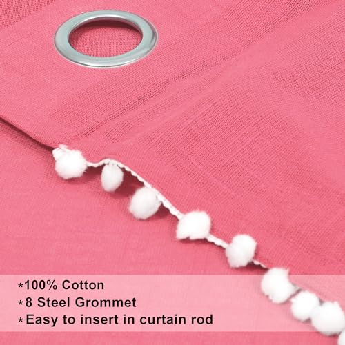 Image of THE LINEN COMPANY Cotton Sheer Grommet Curtains with Side Border Pompom Sheer Curtain for Window Linen Textured, Light Filtering, Pack of 2 (Pink, 5 Feet)