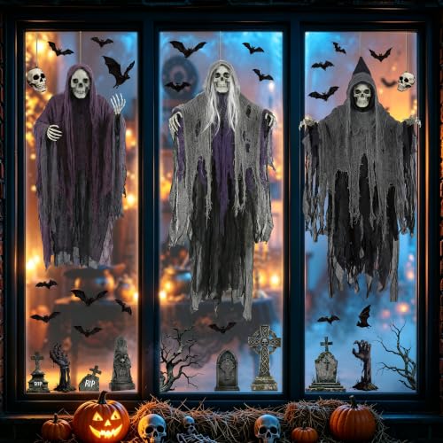 54 PCS Large Halloween Decor, Grim Reaper Halloween Window Clings for Home - image 1