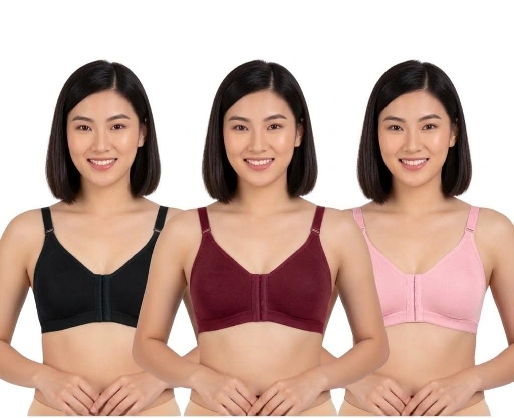 Front Open Bra for Women – Non Padded Wireless Bra, Soft Comfortable Everyday Wear, Seamless Front Closure Support Bra Pack of 3 (Multicolor)-image-37