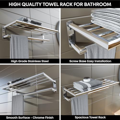 Image of USF 24 Inch Bathroom Towel Rack, 304 Stainless Steel Towel Hanger for Wash Basin Area, Wall Mounted Towel Holder for Bathroom,Chrome Finish, Durable Bathroom Rack