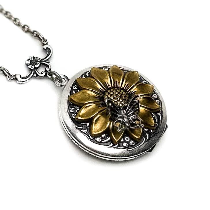 Miniatura 2 de Sunflower and Butterfly Locket Necklace 1.25 inch with choice of chain length