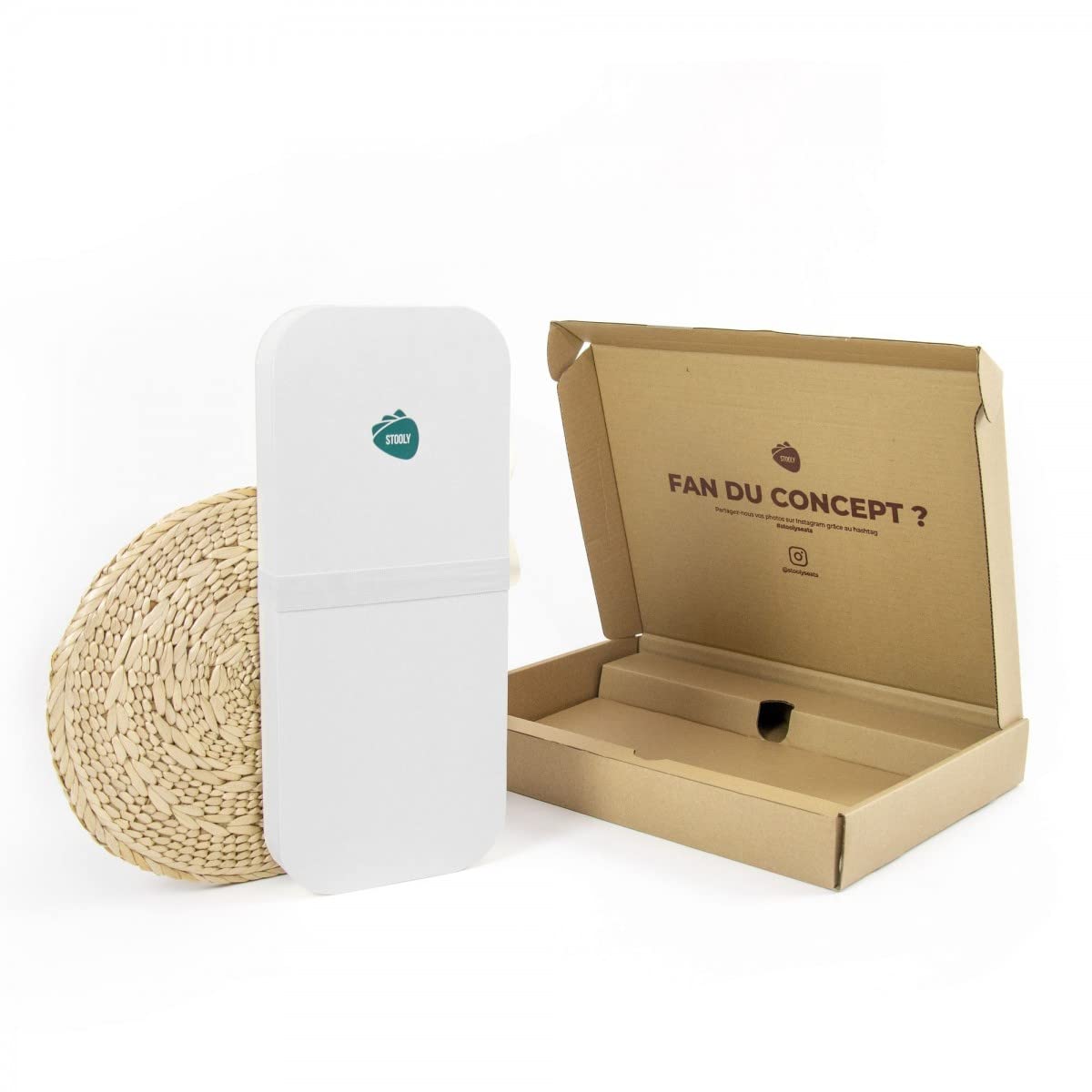Tabouret Pliable - en Carton Recyclable (Blanc Sacré-Coeur (Assise Paille Tressée), 42 cm)