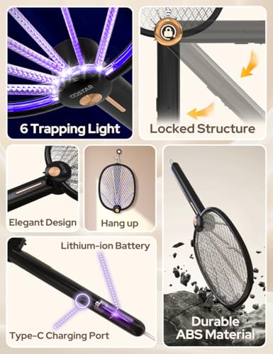Image of COSTAR Elegant Foldable Swivel Mosquito Bat, 3 in 1 Mosquito Racket USB Rechargeable, Bug Zapper Electric Fly Swatter with UV Light Lamp, Hangable Mosquito Swatter w /Long Lasting Lithium-ion Battery