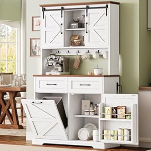 IRONCK 72″ Kitchen Pantry Storage Cabinet, Farmhouse Kitchen Hutch with Microwave Stand & Charging Station, Freestanding Tilt Out Trash Can Cabinet for Dining Room, White