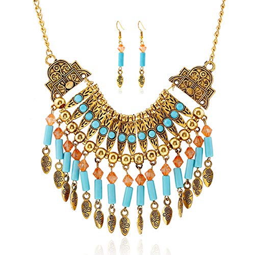 Yazilind Bohemian Style Tassel Pendant Chunky Necklace Earrings Exaggerated Jewelry Set Women Birthday Party Gift #TOP22