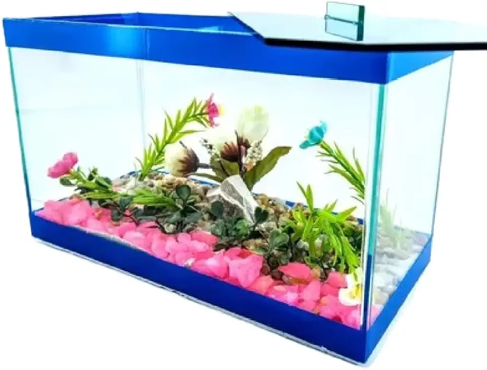 Aquário decorativo retangular 25x12x15 com peixes e plantas(AZUL)