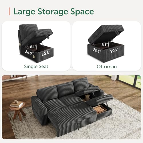 Image of HONBAY Modular Sectional Sofa with Pull Out Bed,Corduroy L Shaped Sleeper Sofa with Storage, Sectional Couches for Living Room,Dark Grey